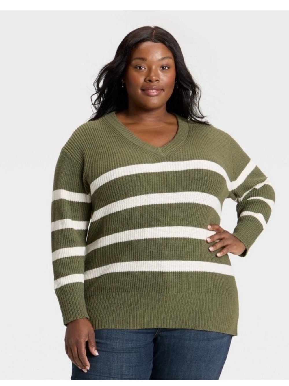 Ava & Viv Olive Green and White Striped V-Neck Sweater